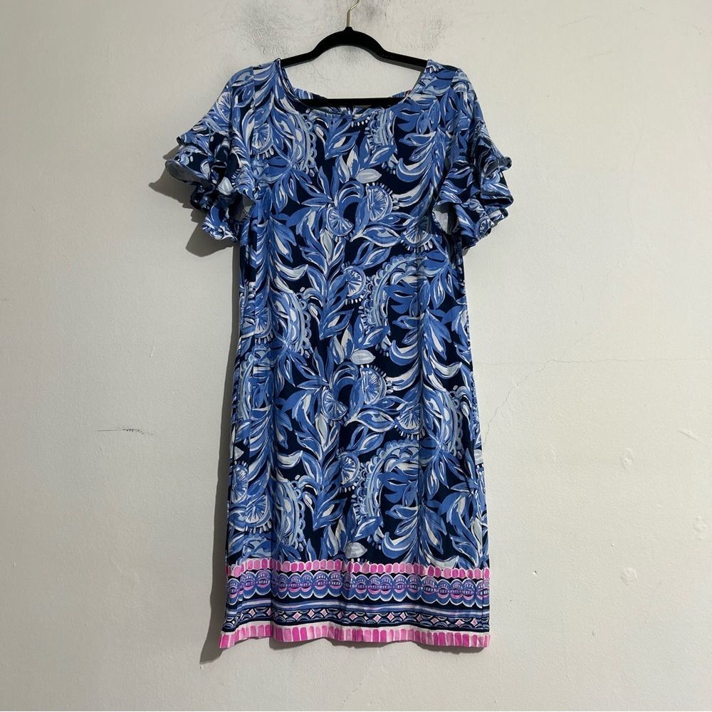Lilly Pulitzer Dianna Boho Blue Ruffle Sleeve Mini Dress Large You Are The Zest